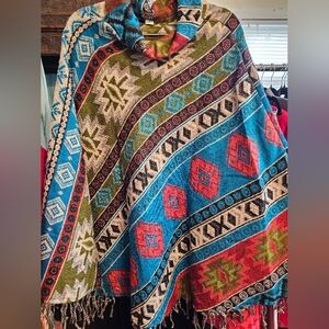 Colorful Geometric 100% Wool Cowl Neck Pocho. Very Soft!!
